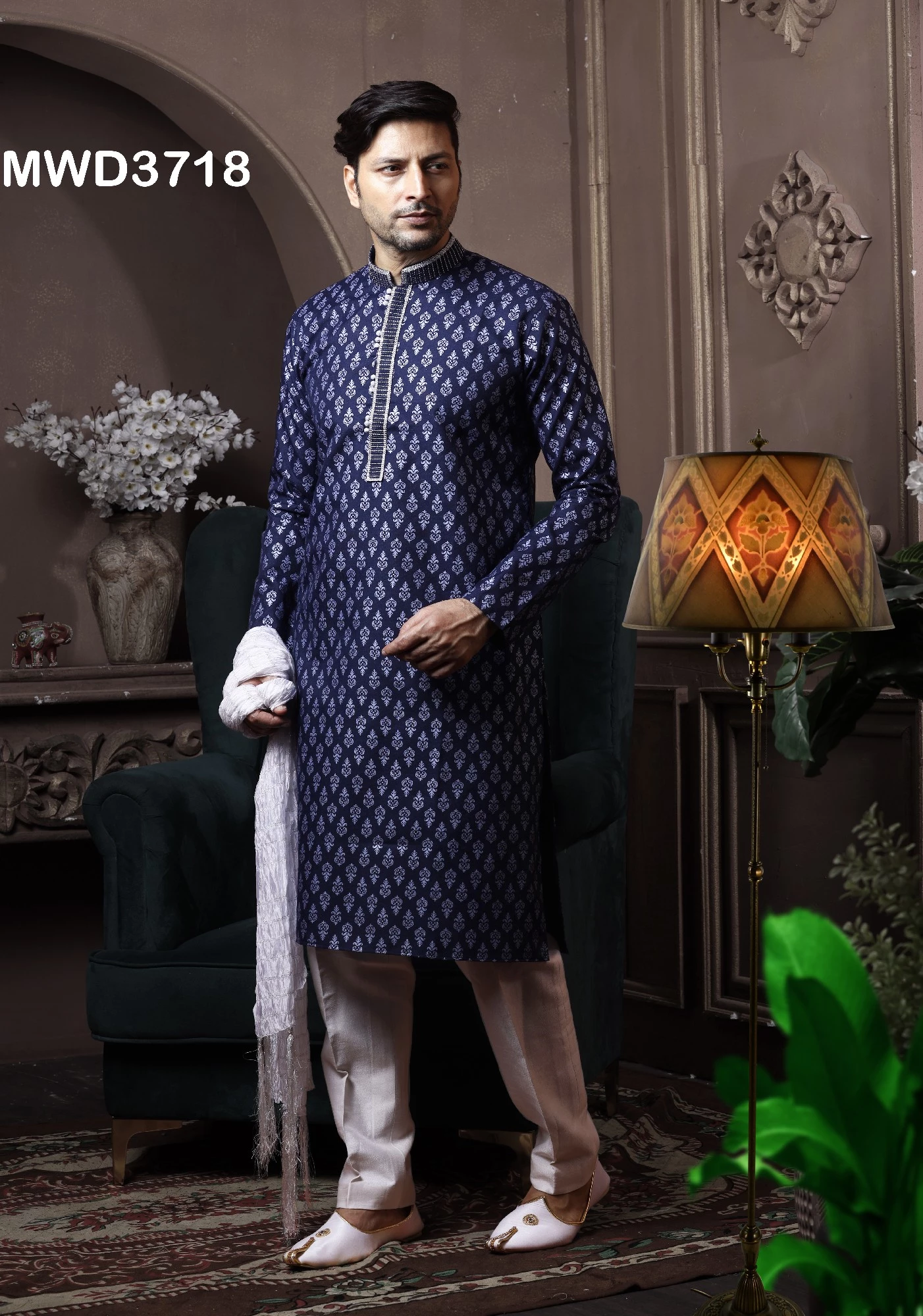 Navy Blue Printed Design Kurta Pajama Set, 36-1.webp